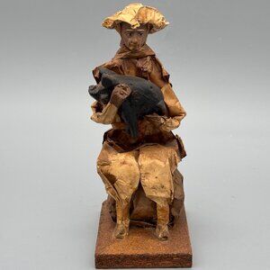 Vintage Mexican Paper Mache Man With Black Pig, 10 Inch Folk Art Figurine